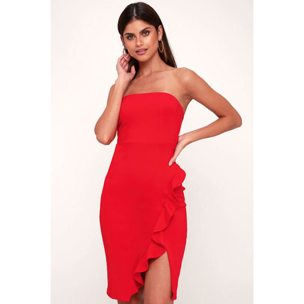 Lulus Anika Red Ruffled Strapless Bodycon Dress - Size Small